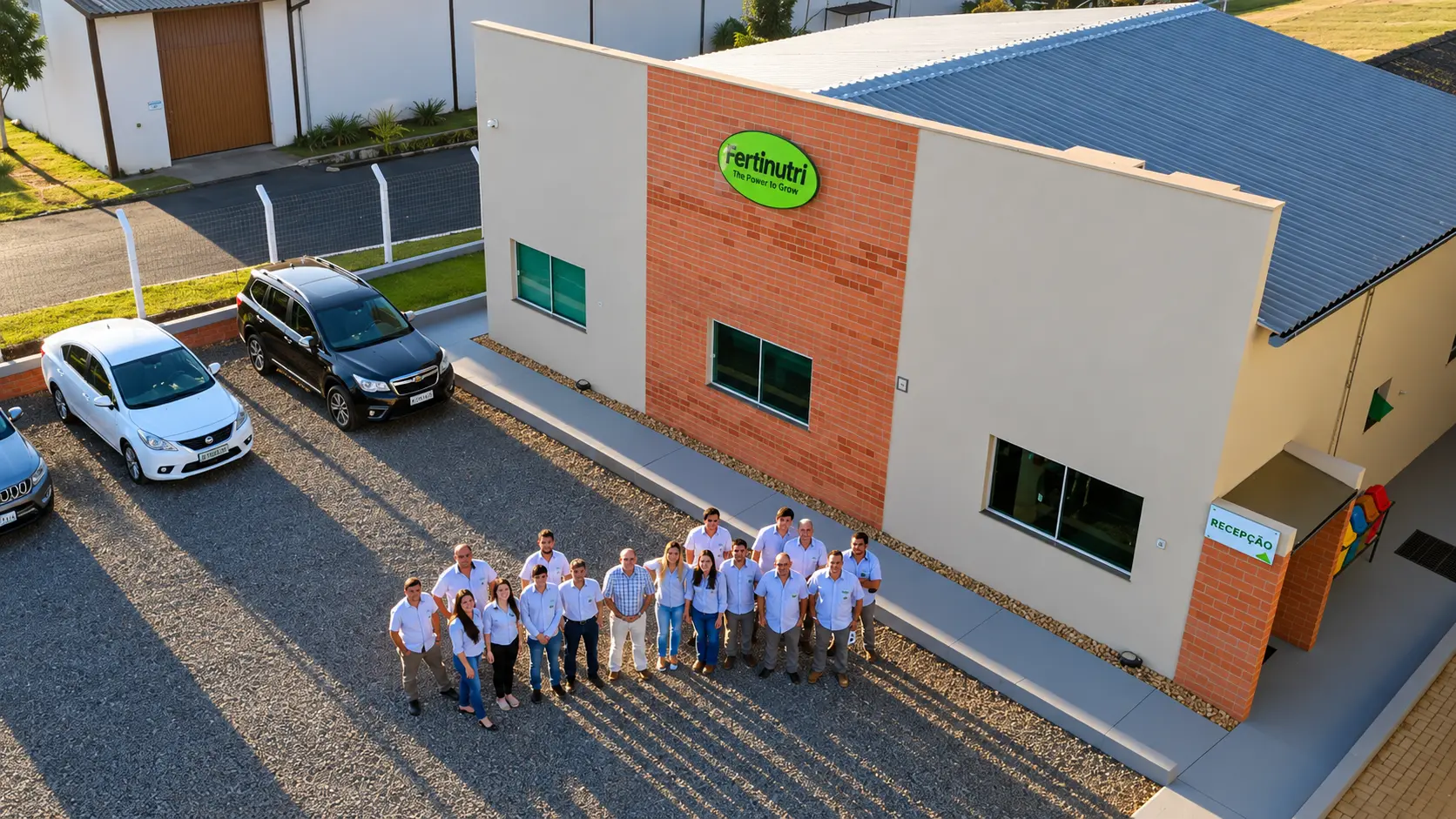 Sede y equipo de Fertinutri en Brasil frente a las instalaciones de la fábrica