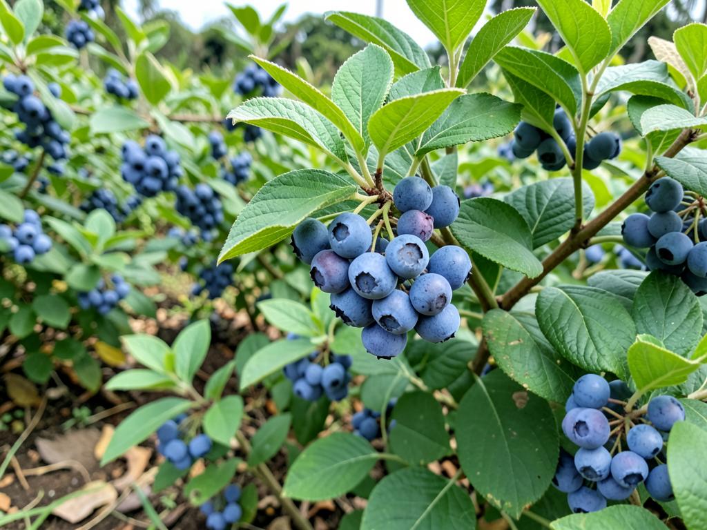 Cultivo de arándanos con frutos maduros